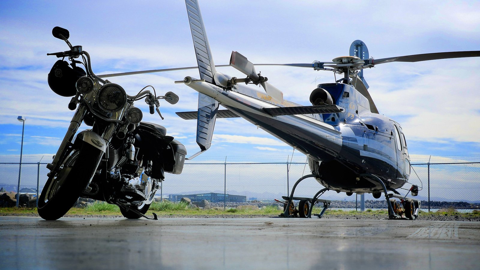 Harley Davidson and Ecurail helicopter. Reykjavik Helicopters Iceland - photo by Jon Gustafsson.